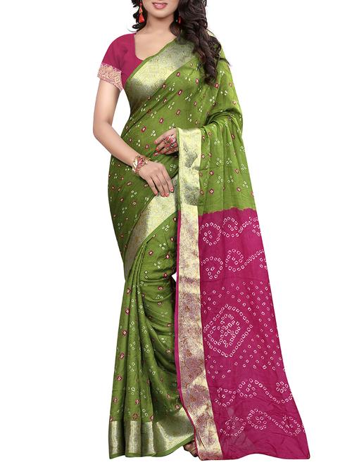 green art silk bandhani saree with blouse - 14812302 - Very Small Image - 1