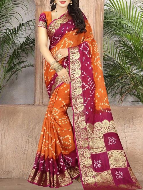 orange art silk bandhani saree with blouse - 14812341 - Very Small Image - 1