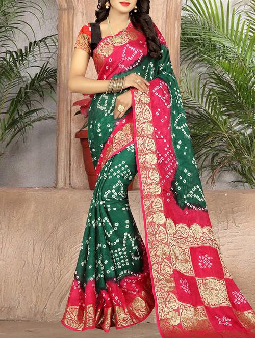 green art silk bandhani saree with blouse - 14812343 - Very Small Image - 1