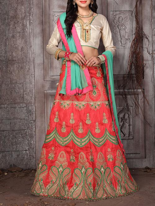 orange satin embroidered lehenga - 14813750 - Very Small Image - 1