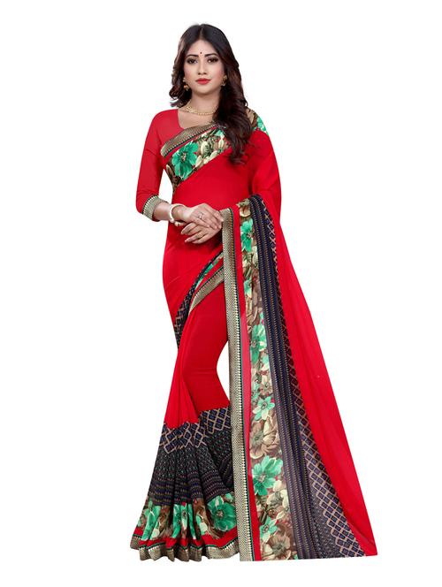 red silk printed saree with blouse - 14816388 - Very Small Image - 1
