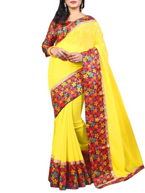 yellow georgette bordered saree with blouse - 14816789 - Very Small Image - 1
