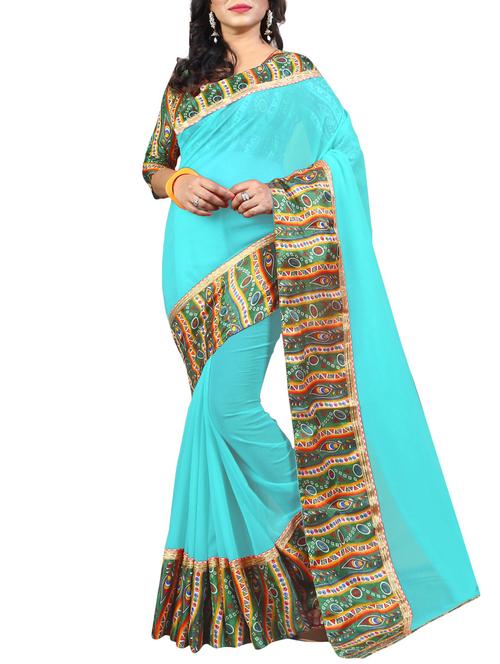 sky blue georgette bordered saree with blouse - 14816804 - Very Small Image - 1