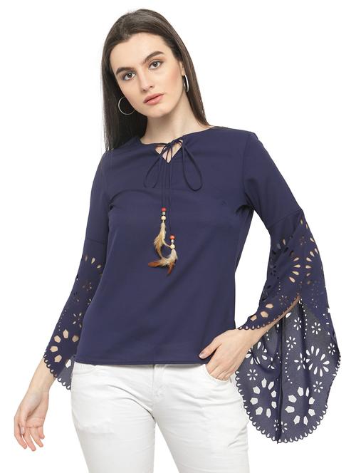 navy blue solid bell sleeved top - 14818420 - Very Small Image - 1