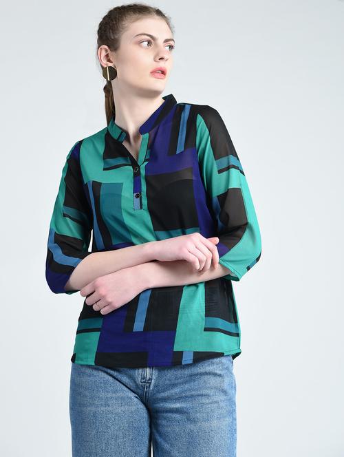 band collar geometric print top - 14820114 - Very Small Image - 1