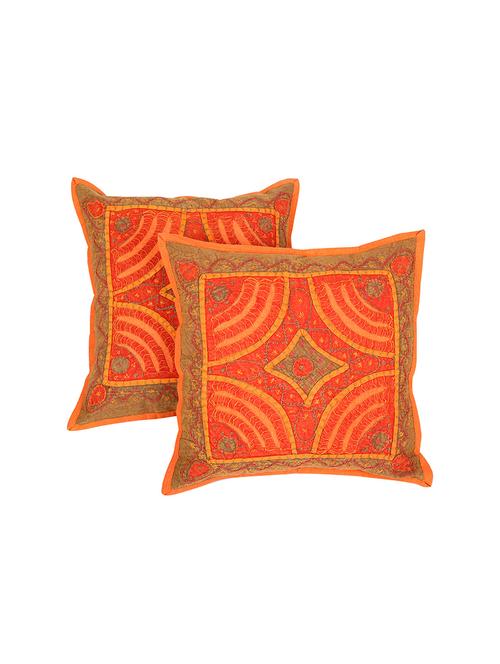 orange ethnic pattern 16 x 16 inches cotton flap closure embroidered set of 2 cushion cover by rajrang - 14821510 - Very Small Image - 1
