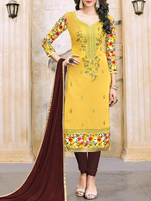 yellow chanderi cotton unstitched churidaar suit - 14842218 - Very Small Image - 1