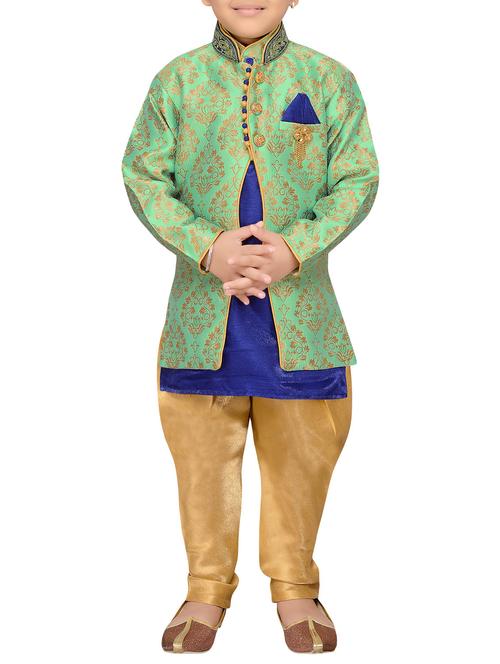 green silk blend sherwani set - 14844021 - Very Small Image - 1