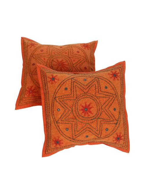 orange ethnic pattern 16 x 16 inches cotton flap closure embroidered set of 2 cushion cover by rajrang - 14847754 - Very Small Image - 1