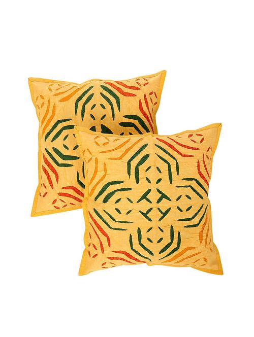 yellow ethnic pattern 16 x 16 inches cotton flap closure applique work set of 2 cushion cover by rajrang - 14847784 - Very Small Image - 1