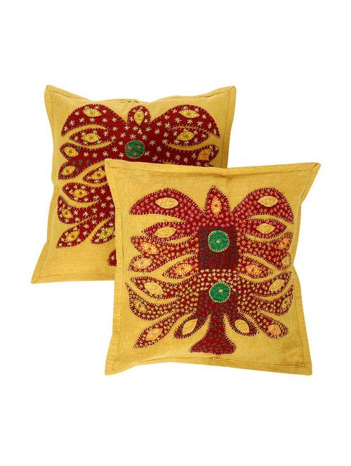 yellow ethnic pattern 16 x 16 inches cotton flap closure patch work set of 2 cushion cover by rajrang - 14847790 - Very Small Image - 1