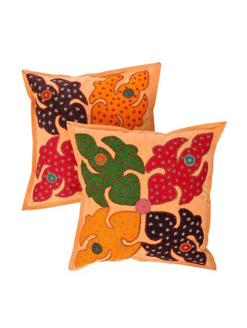 orange ethnic pattern 16 x 16 inches cotton flap closure patch work set of 2 cushion cover by rajrang - 14847791 - Very Small Image - 1
