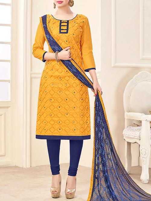 yellow cotton unstitched suit - 14855103 - Very Small Image - 1