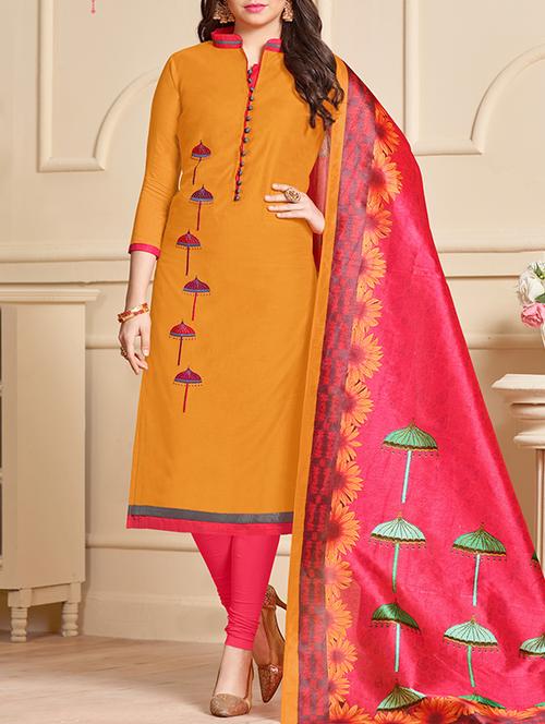 yellow chanderi cotton unstitched suit - 14855135 - Very Small Image - 1