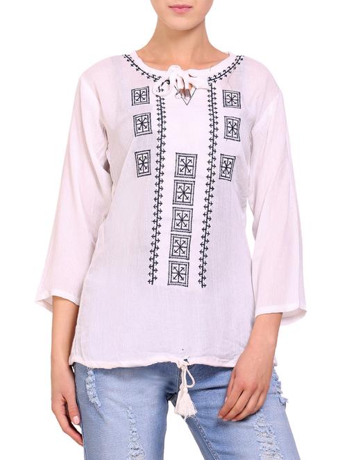 white solid embroidered crepe tunic - 14857414 - Very Small Image - 1