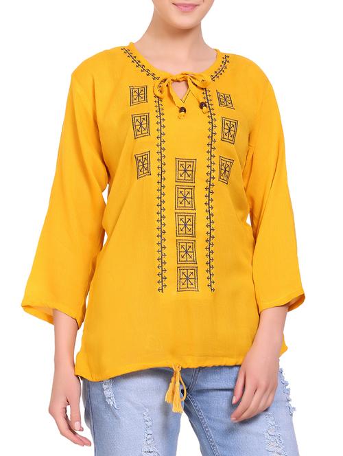 yellow solid embroidered tunic - 14857415 - Very Small Image - 1