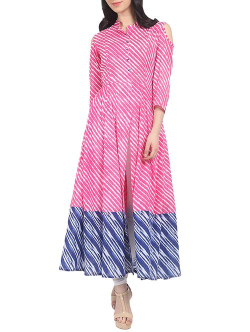 cold shoulder leheriya flared kurta - 14857997 - Very Small Image - 1