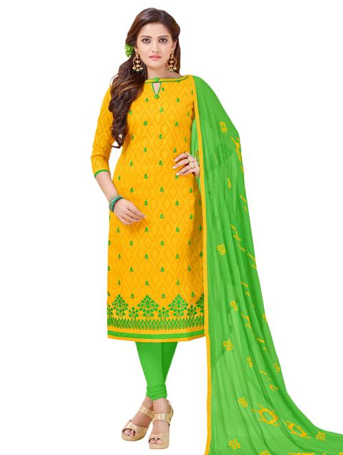 yellow embroidered unstitched churidaar suit - 14861388 - Very Small Image - 1