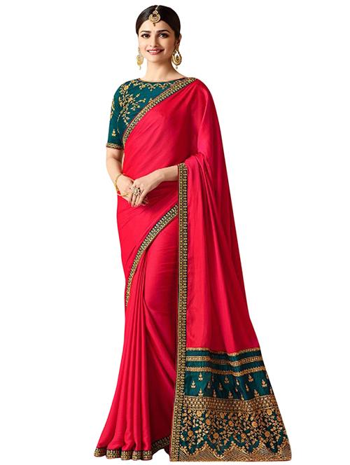 red satin bordered saree with blouse - 14862646 - Very Small Image - 1