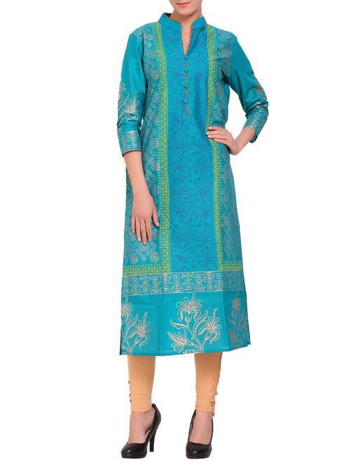 turquoise cotton straight kurta - 14863399 - Very Small Image - 1