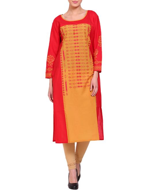 orangecolored cotton straight kurta - 14863416 - Very Small Image - 1