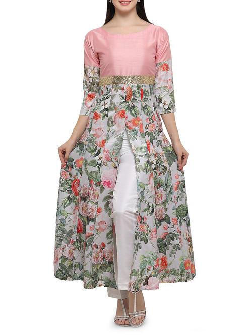 pink poly silk high-slit kurta - 14865194 - Very Small Image - 1