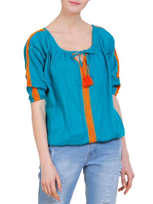 tie up neck contrast lace top - 14865442 - Very Small Image - 1