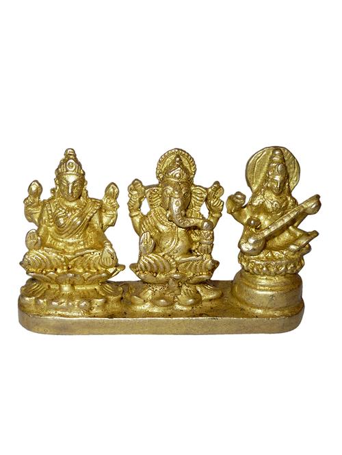 traditional small brass statue of god ganesh laxmi & sarasvati sitting on bajath handicrafts product - 14866095 - Very Small Image - 1