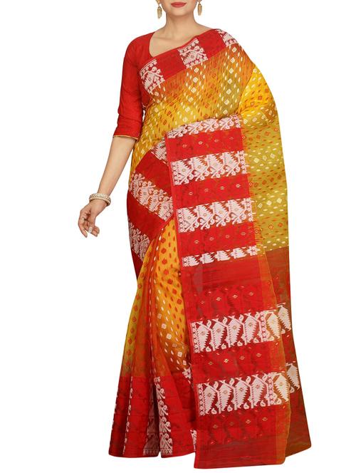 yellow cotton silk jamdani saree - 14866539 - Very Small Image - 1