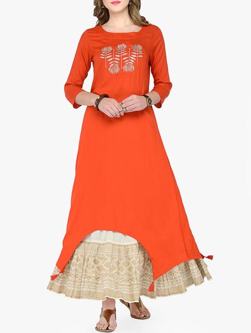 embroidered asymmetric kurta with foil printed skirt set - 14867221 - Very Small Image - 1