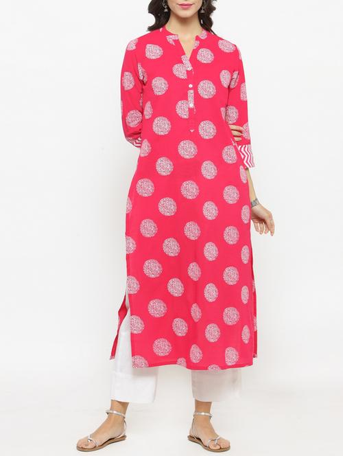 fuchsia block print kurta with pant set - 14868429 - Very Small Image - 1