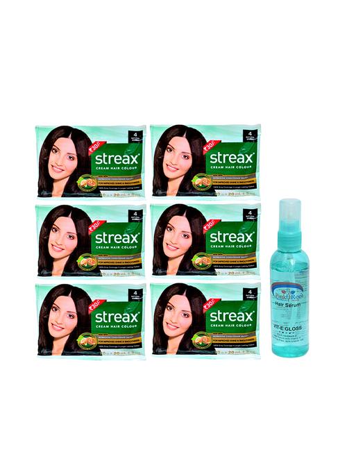 streax cream hair colour 4 natural brown 6 pcs and 1 pc pink root hair serum pack of 7 - 14869247 - Very Small Image - 1