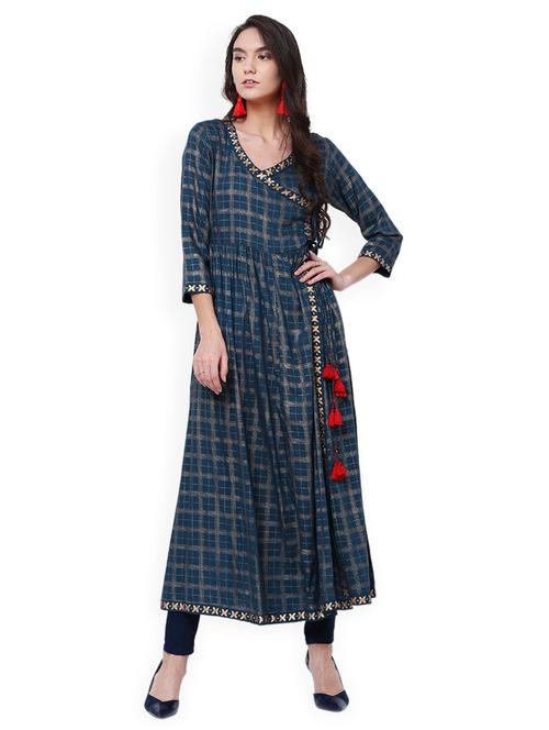 checkered angrakha kurta with tassels - 14869863 - Very Small Image - 1