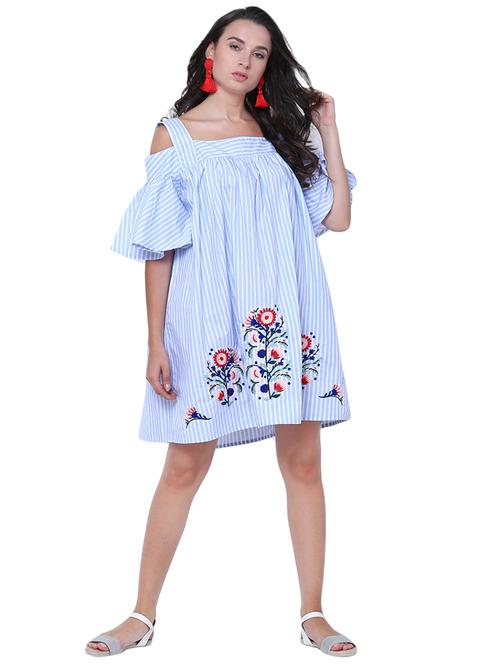 cold shoulder embroidered striped dress - 14869870 - Very Small Image - 1