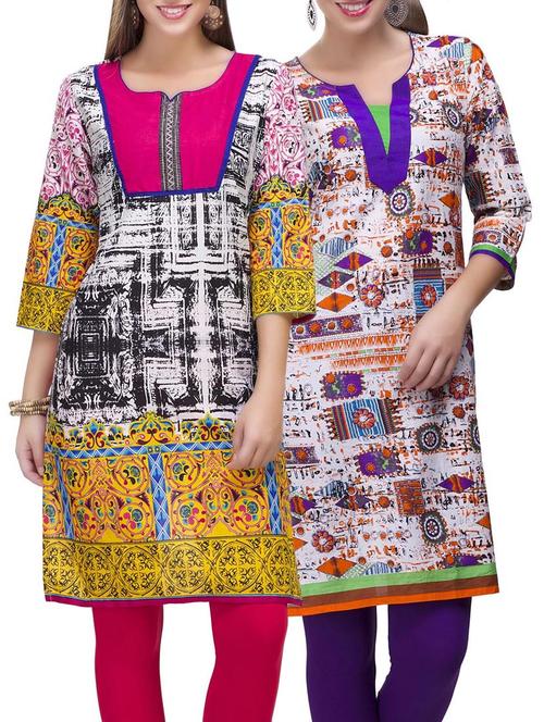 set of 2 multi color cotton printed kurta combo - 14872122 - Very Small Image - 1