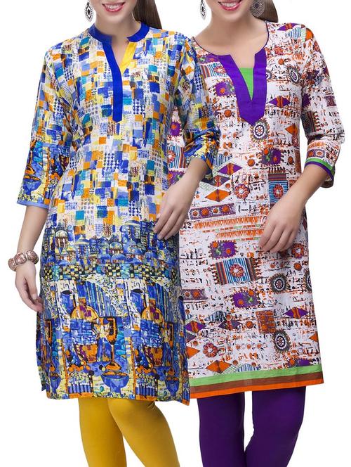 set of 2 multi color cotton printed kurta combo - 14872129 - Very Small Image - 1