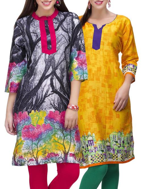 set of 2 multi color cotton printed kurta combo - 14872151 - Very Small Image - 1