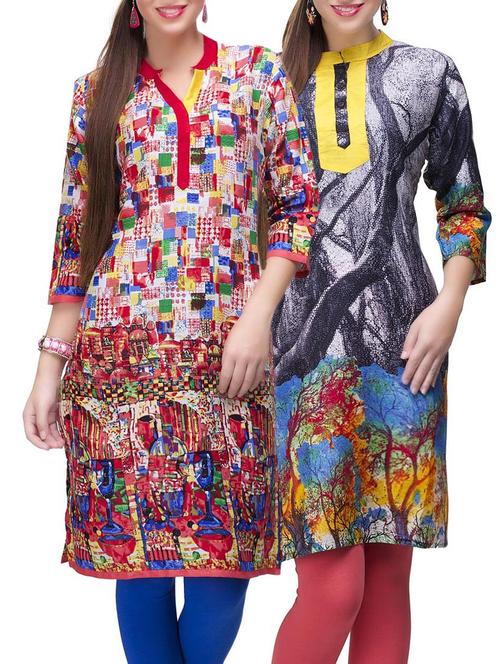 set of 2 multi color cotton printed kurta combo - 14872165 - Very Small Image - 1