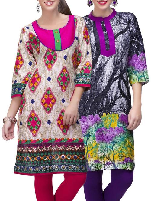 set of 2 multi color cotton printed kurta combo - 14872176 - Very Small Image - 1