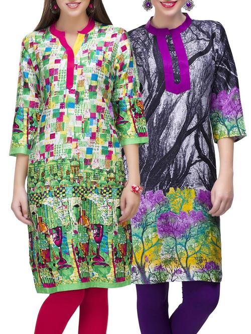 set of 2 multi color cotton printed kurta combo - 14872182 - Very Small Image - 1