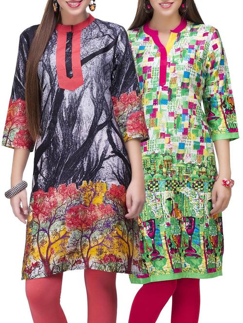set of 2 multi color cotton printed kurta combo - 14872197 - Very Small Image - 1