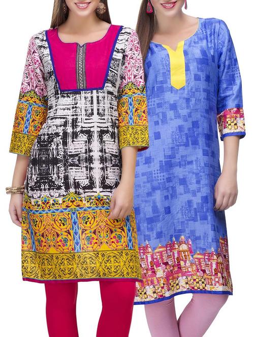 set of 2 multi color cotton printed kurta combo - 14872208 - Very Small Image - 1