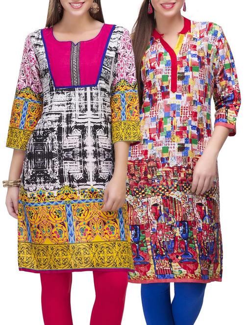 set of 2 multi color cotton printed kurta combo - 14872210 - Very Small Image - 1