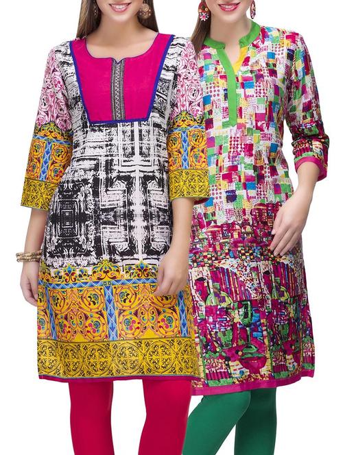 set of 2 multi color cotton printed kurta combo - 14872212 - Very Small Image - 1