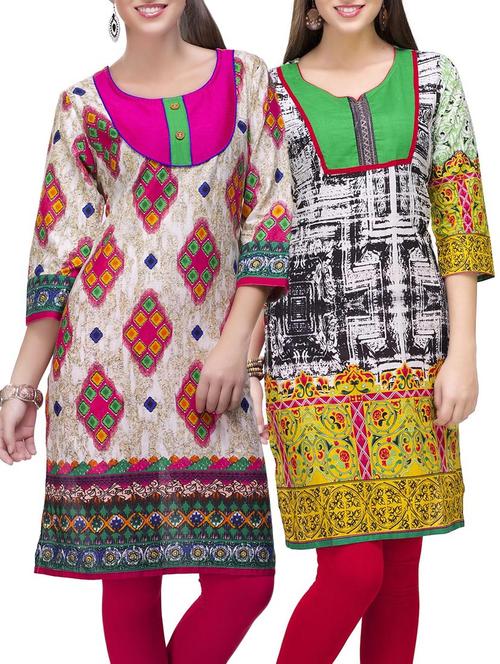 set of 2 multi color cotton printed kurta combo - 14872218 - Very Small Image - 1