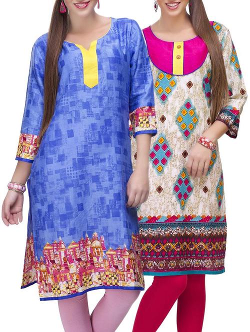 set of 2 multi color cotton printed kurta combo - 14872233 - Very Small Image - 1