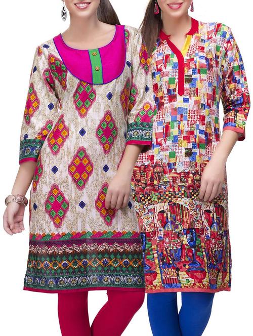 set of 2 multi color cotton printed kurta combo - 14872246 - Very Small Image - 1