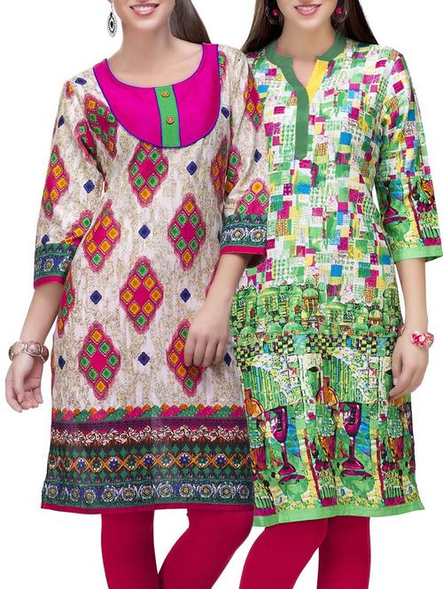 set of 2 multi color cotton printed kurta combo - 14872251 - Very Small Image - 1