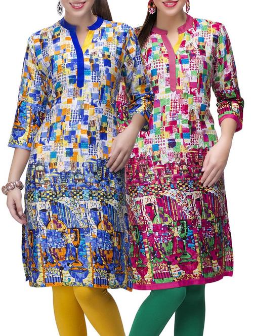 set of 2 multi color cotton printed kurta combo - 14872286 - Very Small Image - 1