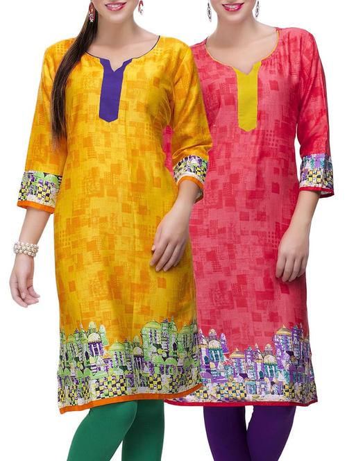 set of 2 multi color cotton printed kurta combo - 14872302 - Very Small Image - 1